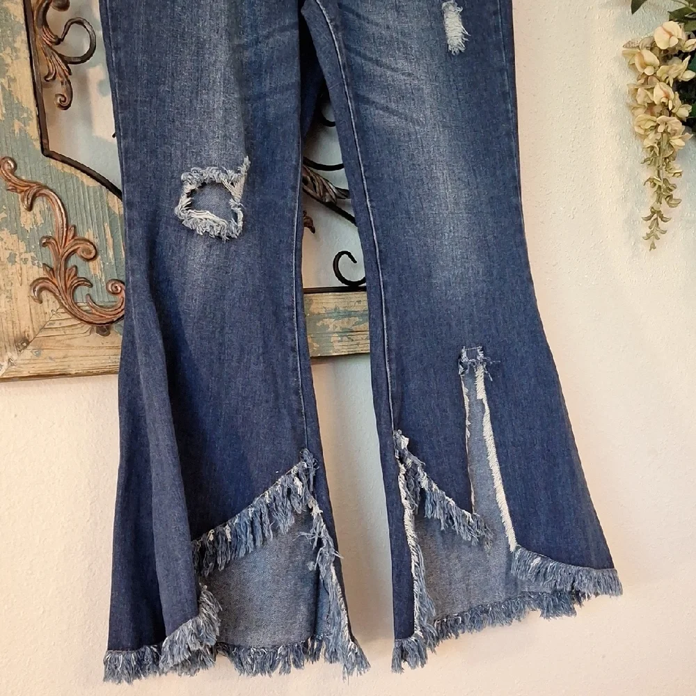 For The Republic Dark Blue Frayed Hem Wide Leg Jeans. NWOT Size 10 - Picture 6 of 11